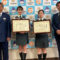 左から 福田下松警察署長、マルハン下松店 田邊花緒梨さん、藤本さやかさん、清水裕介店長